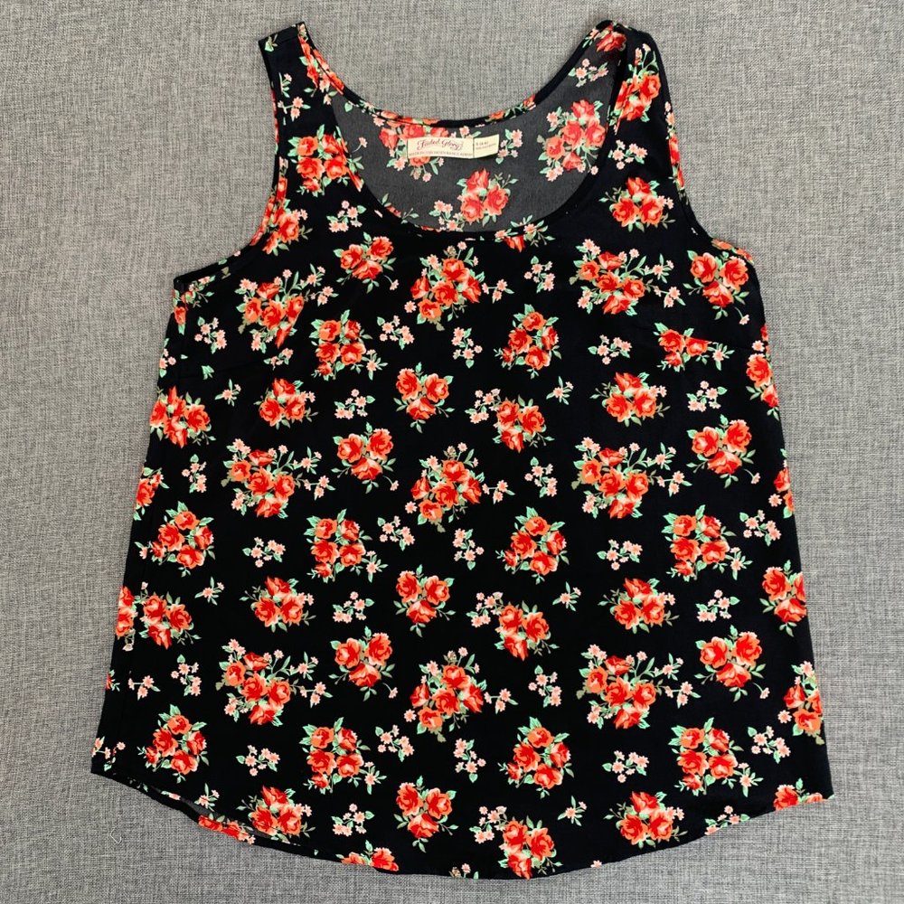 Faded Glory Sleeveless Tank Top Scoop Neck Small Black Red Floral 100% Polyester